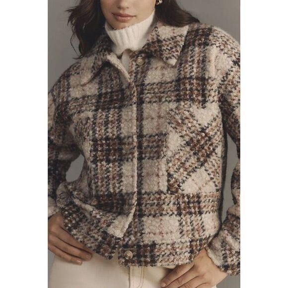 Greylin Anthropologie Fuzzy Plaid Cropped Shacket Jacket Women's M - Brown Multi - Picture 6 of 15